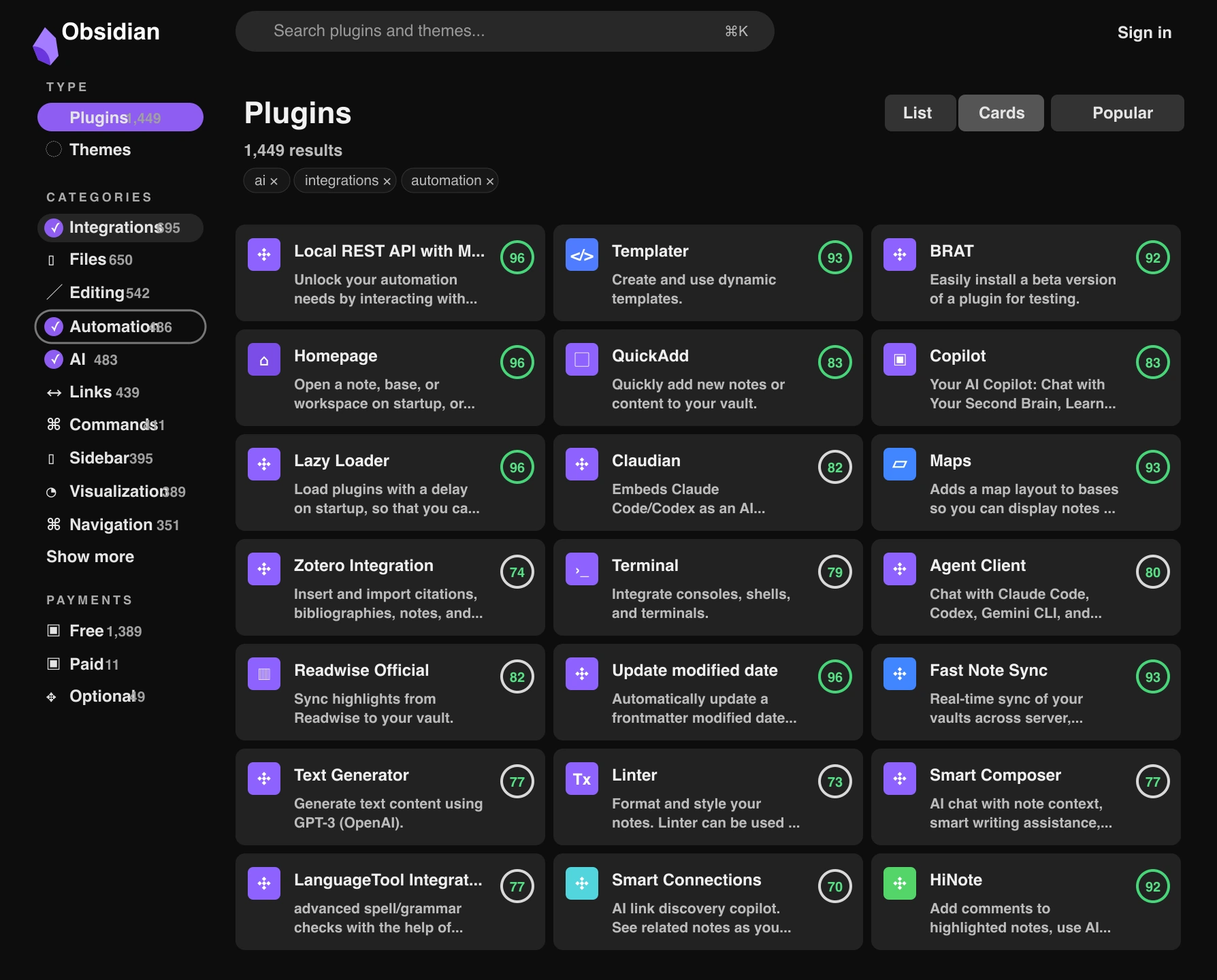 Obsidian plugin marketplace interface